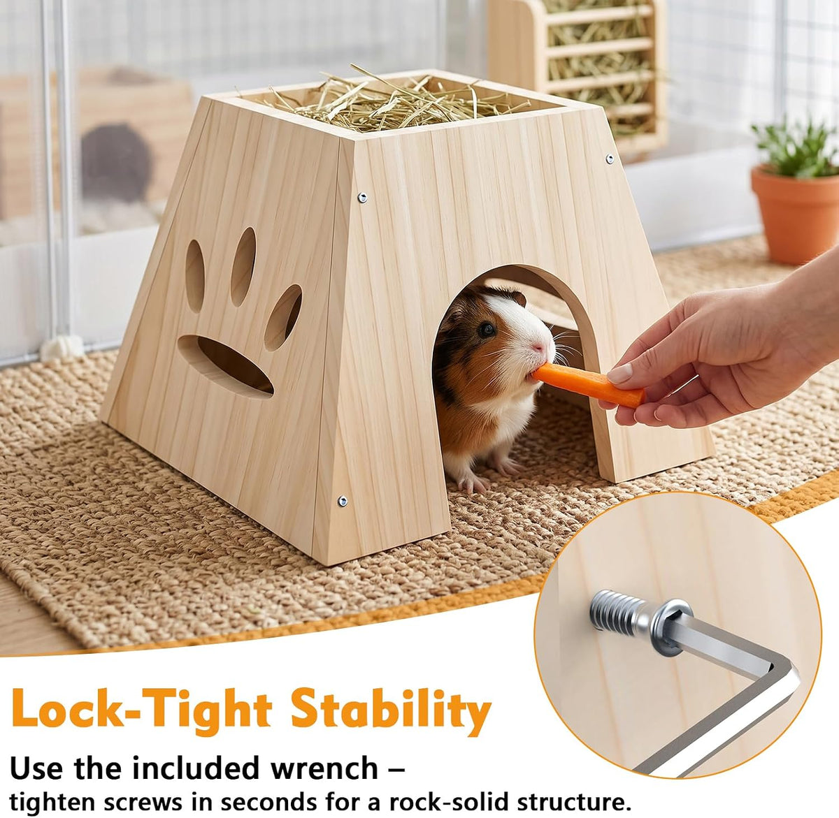 Xiaz Guinea Pig Hideout,Cute Guinea Pig House,Sturdy Small Animal House with Large Front Cave, Side Ventilation Holes, Thick Durable Wood,Habitat Hideout for Dwarf Rabbit, Hamster, Chinchilla