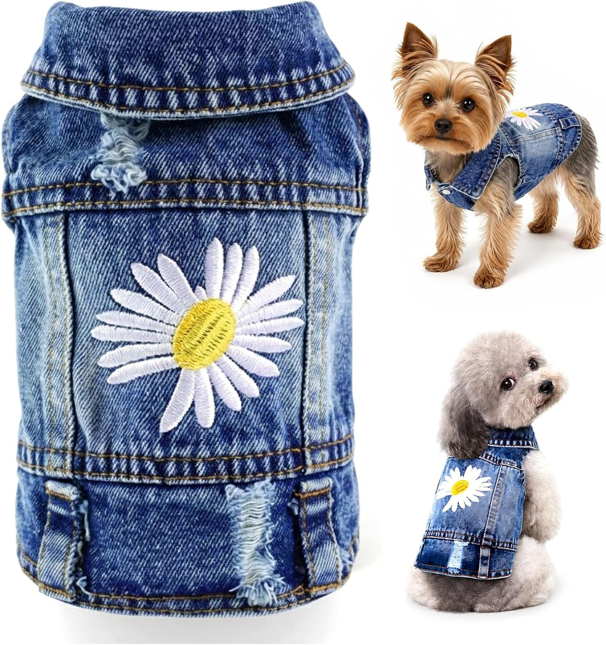 Dog Denim Jacket with Daisy Embroidery for Small Dogs, M, Chest 13-14 In