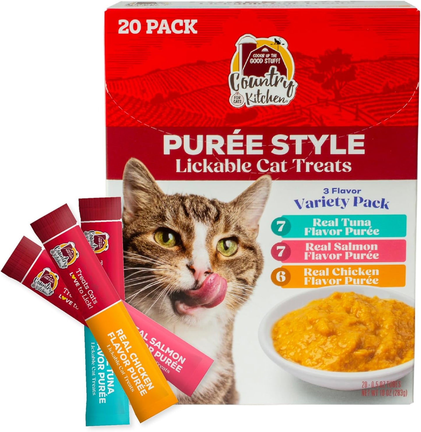Country Kitchen Puree Lickable Cat Treats, 3 Flavor Variety Pack, Tuna, Salmon and Chicken, Made with Real Meat, 5 Oz Tubes, 20 Count