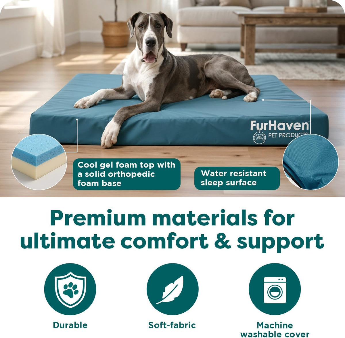Furhaven Water-Resistant Cooling Gel Dog Bed for Large Dogs, Cool Gel-Top Foam with a Solid Orthopedic Foam Base for Comfort and Support, Washable Cover, Jumbo plus XXL, Polycanvas, Deep Lagoon