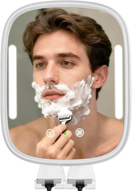 Showvigor Heated Shower Mirror Fogless for Shaving with Light, Rechargeable Battery, Detachable Adhesive Hook & Razor Holder, No-Drilling Waterproof Anti-Fog Mirror, Gift for Men(White)