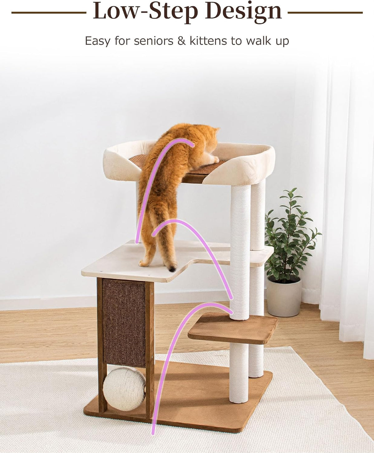 37.5" Cat Tree for Large & Senior Cats with Low Step & Sisal Board