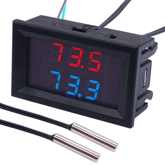 Digital Thermometer Dual LED Display Fahrenheit to Centigrade Adjustable DC 4-28V -67~+248℉/-55～+120℃ High Accuracy Temperature Gauge Sensor with 2 Waterproof NTC Probes K-017
