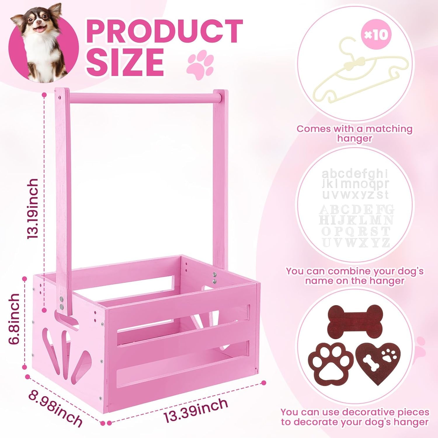 Teenyyou 20 X 13 X 9 Wooden Dog Closet Pet Wardrobe Crate Box with Hanging Rods and Personalized Alphabet Letters Easy Assembly Baskets for Dog Cat Toys Clothes Accessories(Pink)