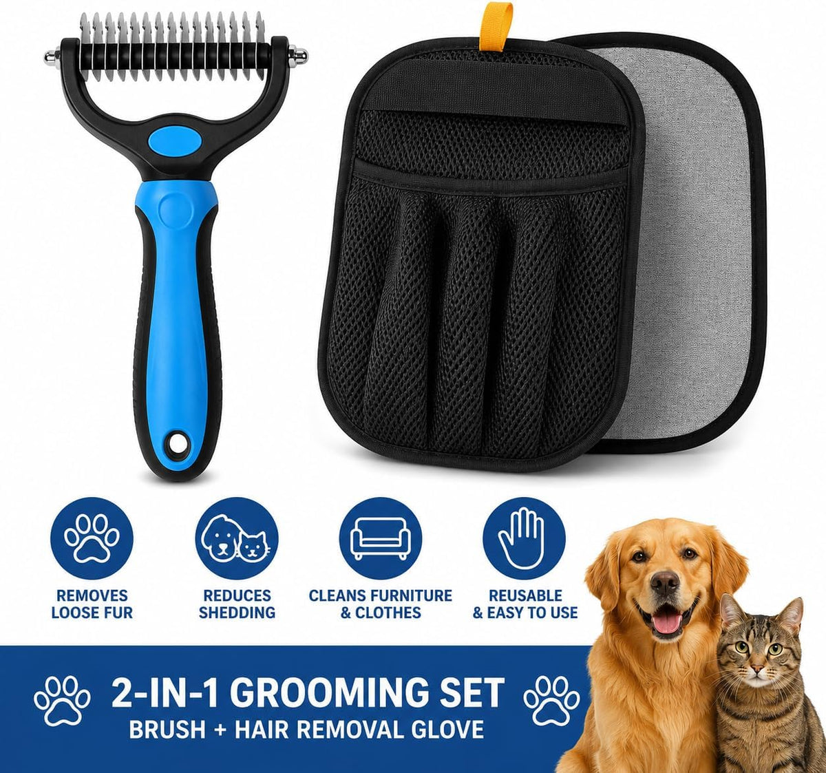 Pet Grooming Brush & Pet Hair Remover Glove Bundle