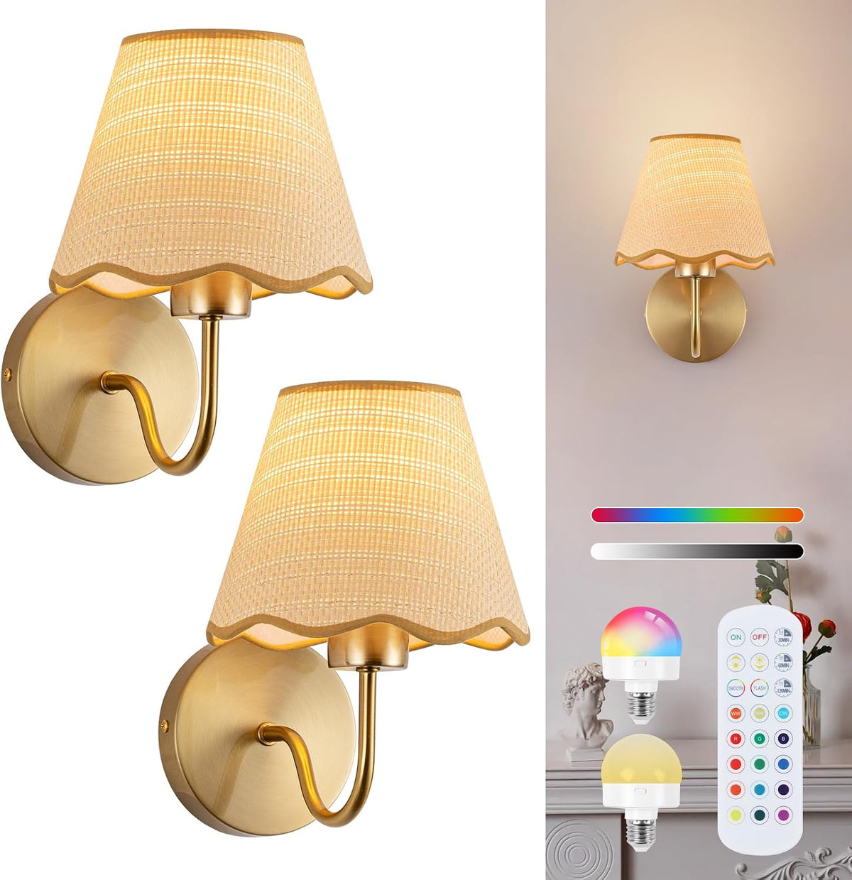 ADISUN Battery Operated Wall Sconce Set of 2, Gold Wall Lamps Rechargeable Bulbs for Living Room, Rattan Shade Wireless Wall Lights for Bedroom Living Room Hallway Kitchen(2 Bulbs Included)