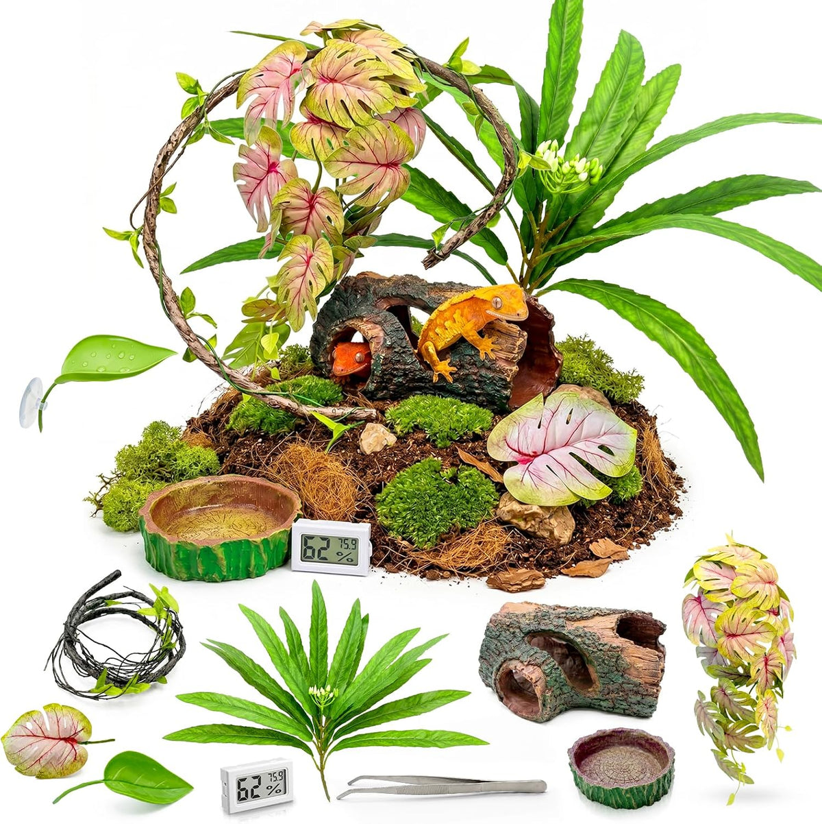 Crested Gecko Tank Accessories Kit，Tree Trunk Hideout, Artificial Plants