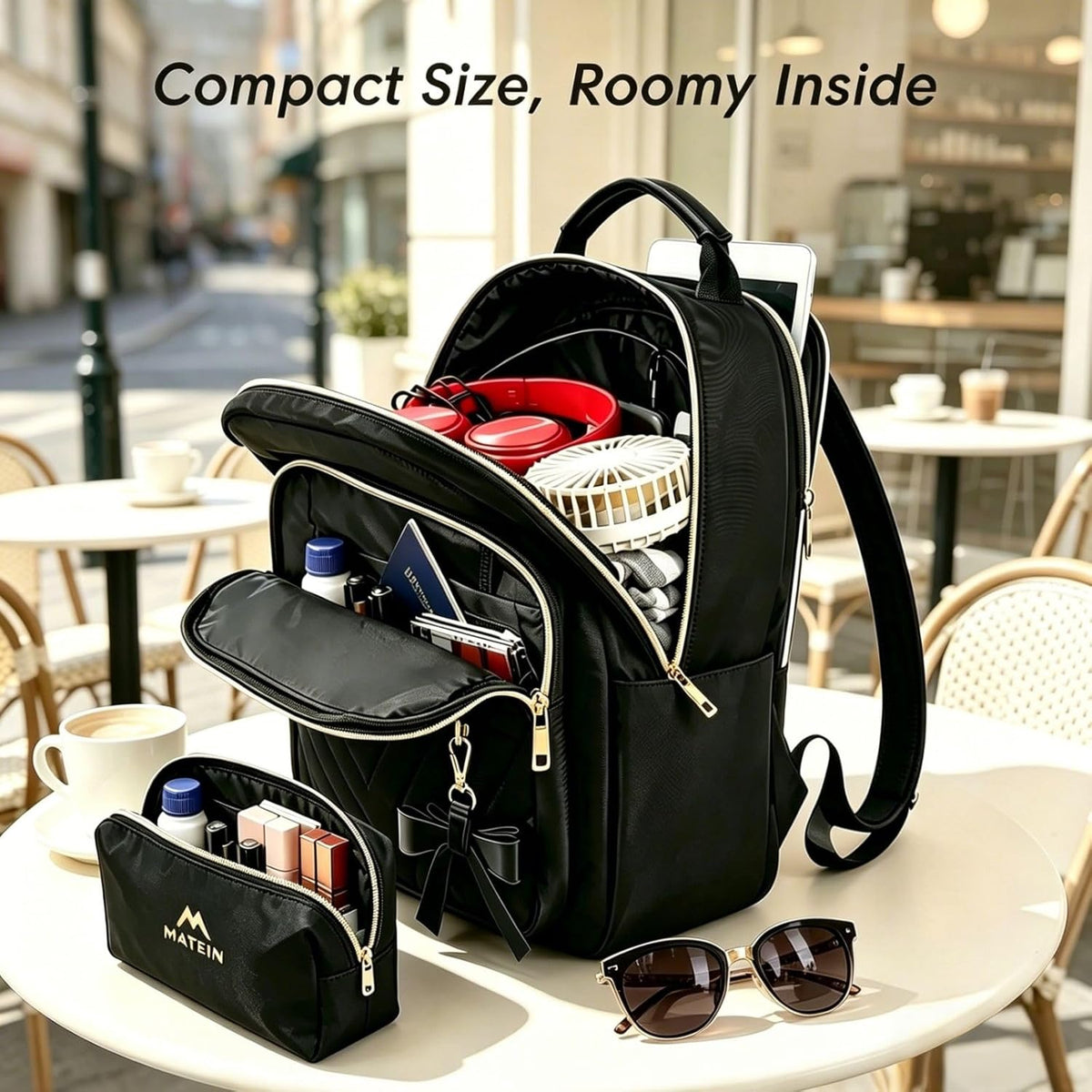 MATEIN Mini Backpack for Women, Stylish Daypack Purse, 2Pcs Sets, Black
