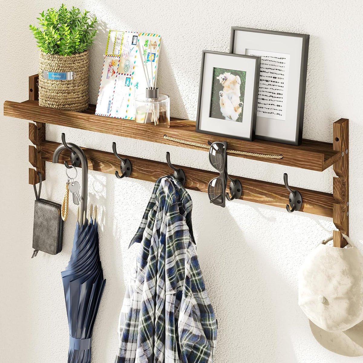 AMBIRD Wall Hooks with Shelf 28.9Inch Entryway Wall Hanging Shelf, Wood Coat Hooks, Coat Rack Wall Mount Rack with 5 Dual Hooks, Glasses Organizer and Hat Organizer