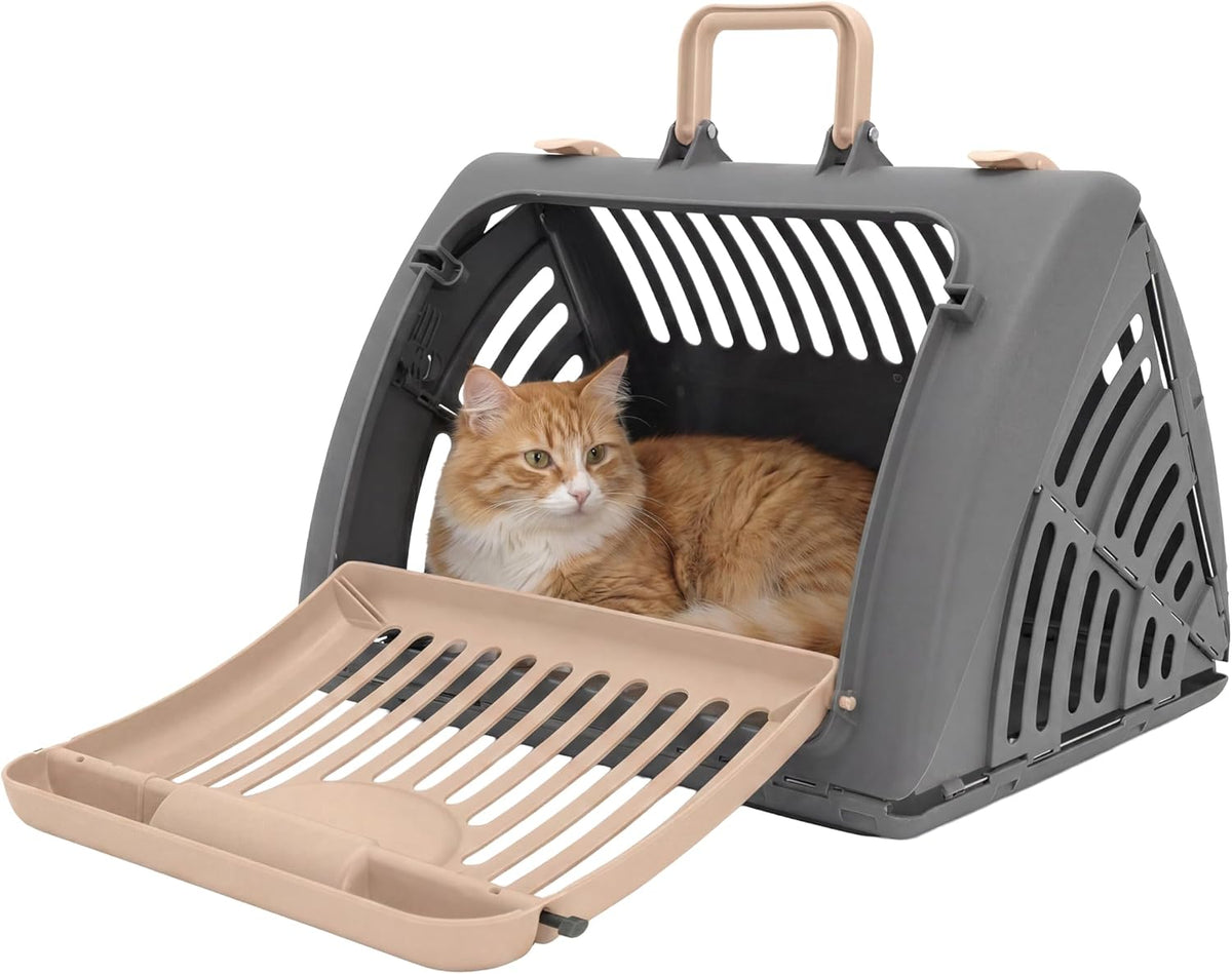 Sportpet LARGE Hard-Sided Travel Cat Carrier - Cat Carrier with Patented Wide Side-Opening Door, Foldable Portable Pet Carrier with Removable Bed for Cats & Small Pets up to 25Lbs - Gray/Tan