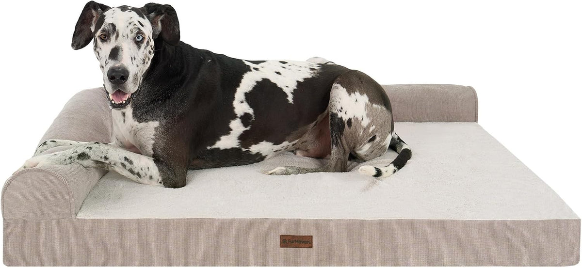 Furhaven Jumbo plus (53"X40") Cooling Gel Dog Bed – Plush & Grid Cord L-Shaped Chaise Lounge Pet Bed, Removable Washable Cover, Mink