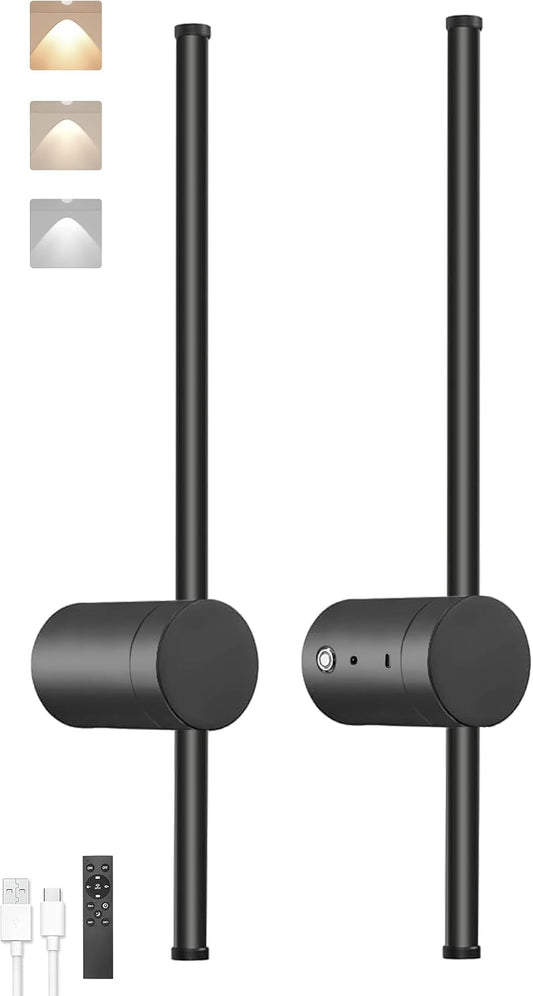 BLUEYE 10400Mah Battery Operated Wall Sconce Set of Two,Remote Control,3Cct,No Flicker Picture Light,Aesthetics Decor,Black Aluminum,For Living Room,Hallway,Bedroom,Non-Hardwired,2Packs,24-Inch