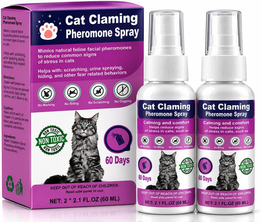 Cat Calming Spray with Pheromones – Anxiety & Stress Relief for Cats – Reduce Scratching Furniture, Urine Marking & Aggression – Calming Aid for Travel, Vet Visits & Home – 60-Day Supply (2 × 60 Ml)