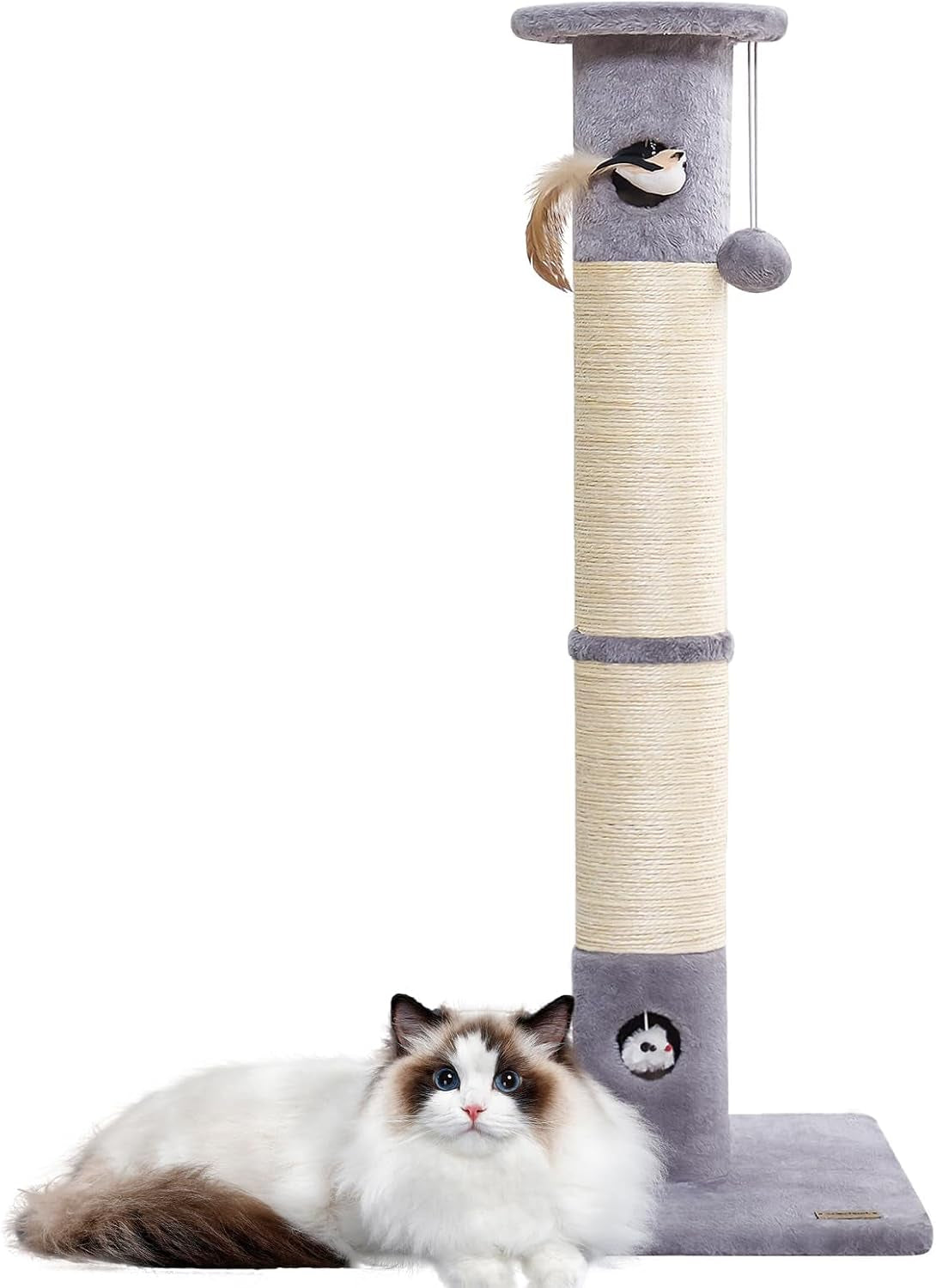 UWELLPETS 34" Tall Cat Scratching Post with Interactive Toys, Light Grey