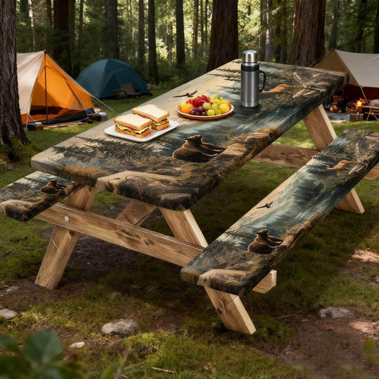 Vintage Bear Woodland Picnic Table Cover with Bench Covers Waterproof Windproof Elastic Fitted Outdoor Camping RV Tablecloths with Drawstring Bag Reusable Rectangle Tables and Seats Cover 30X72IN