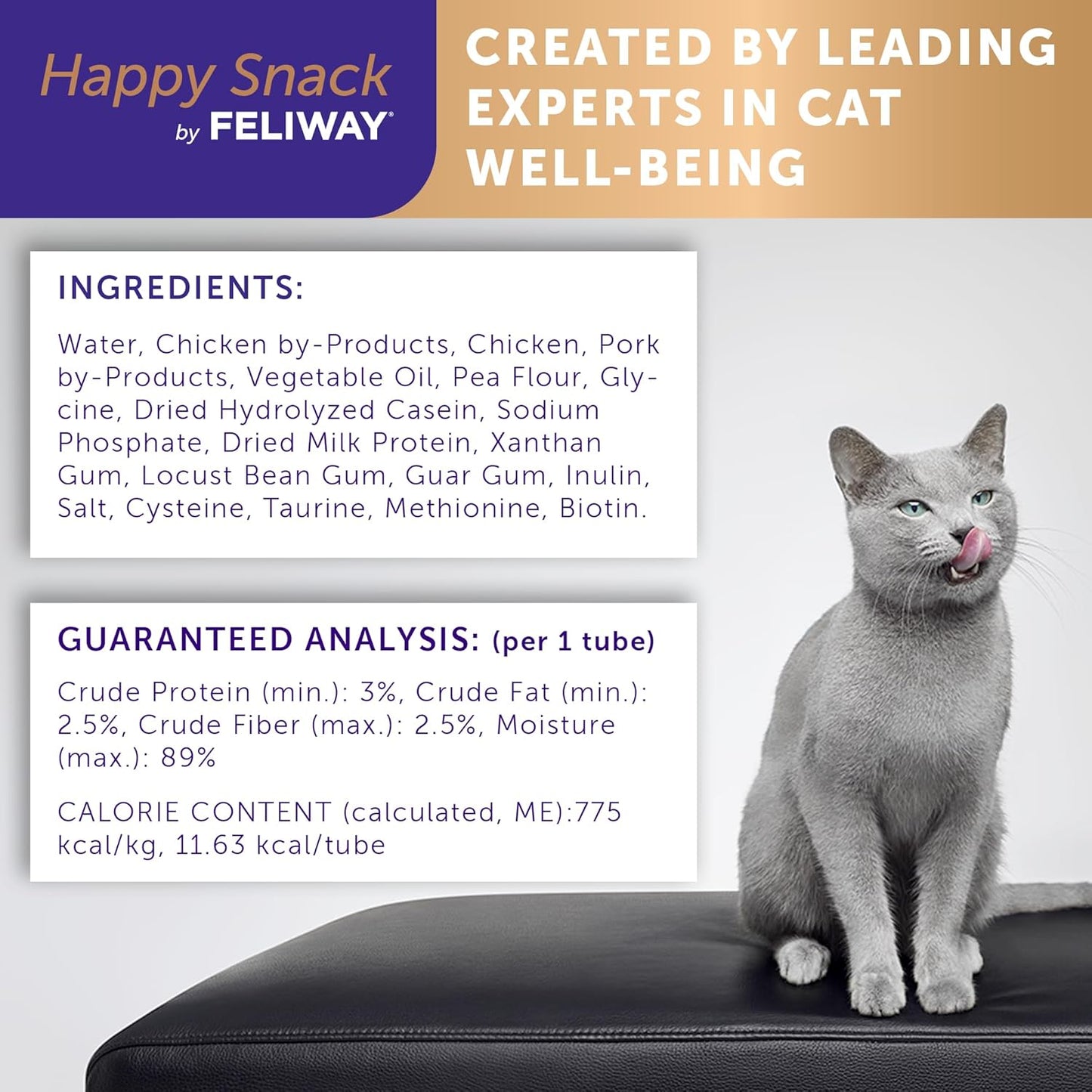 Happy Snack by FELIWAY®, Delicious, Lickable, Squeezable Purée Cat Treats for a Daily Calming Routine, Made with Real Chicken, 12 Pack (0.5Oz Tubes)