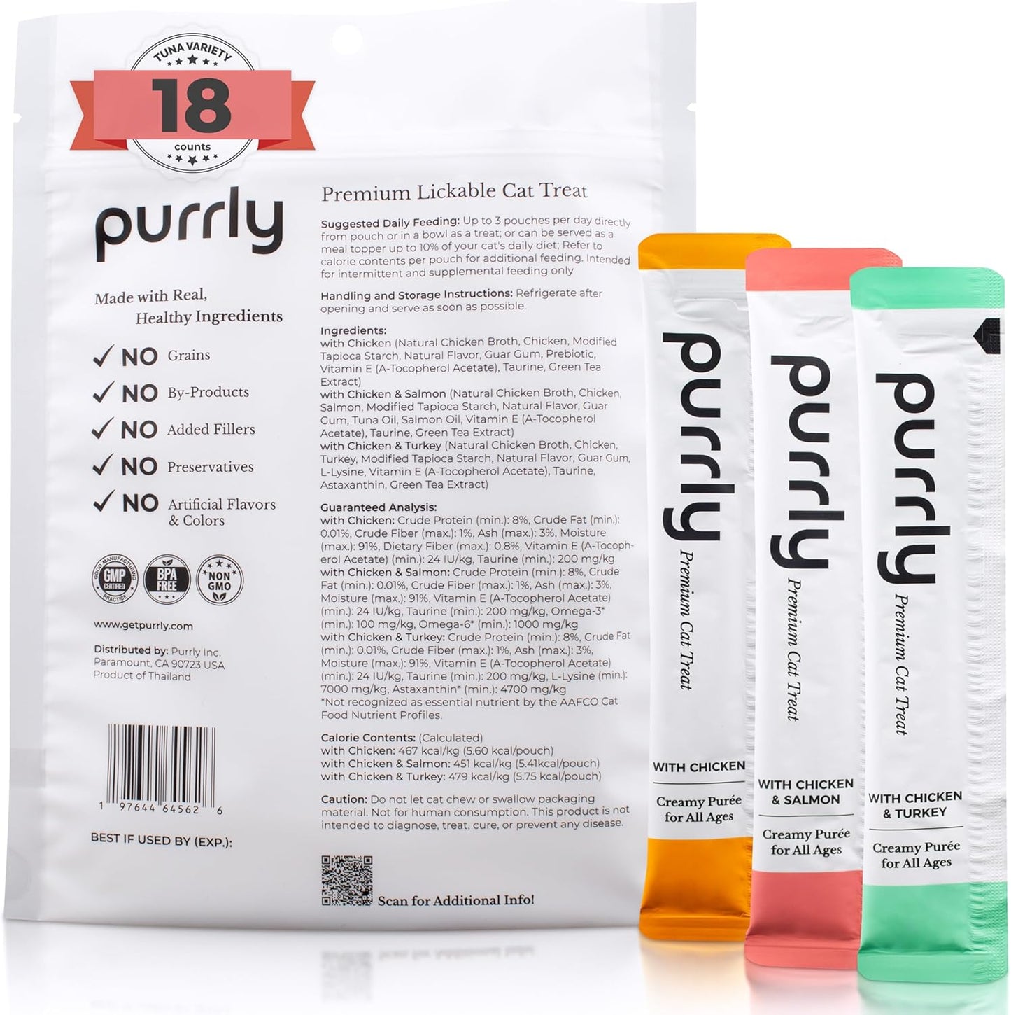 Purrly Lickable Wet Cat Treats Healthy Grain-Free Chicken Variety Pack (18 Count) Squeezable Creamy Purée with Human-Grade Protein Functional Nutrients Non-Gmo No-Artificial-Additives Low-Phosphorus
