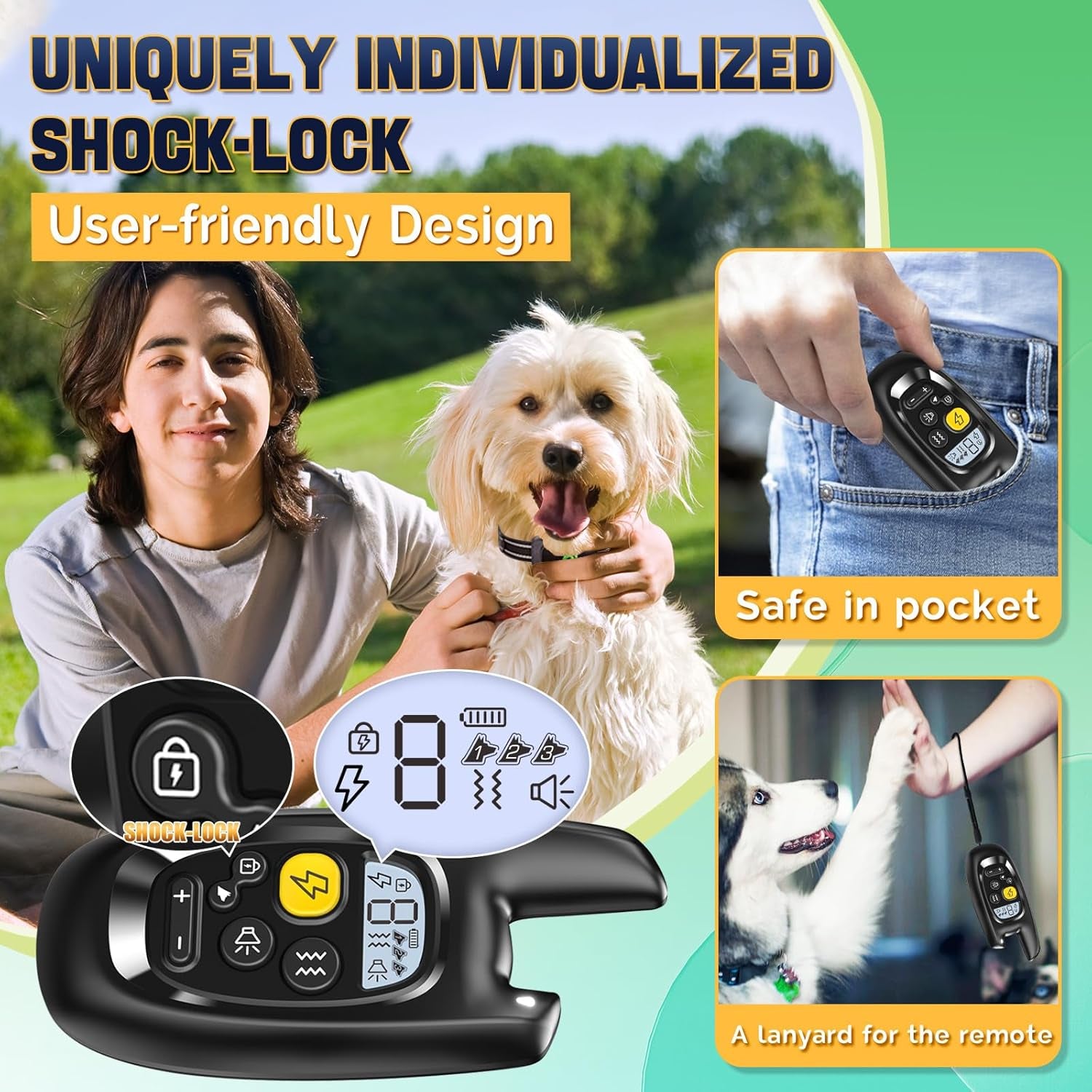 Dog Shock Collar with Remote Control- Training Collar for Small Medium Large Dogs, Electric Collar for Dogs Training Rechargeable, E Collar with Beep, Vibration & Shock-Lock Keypad