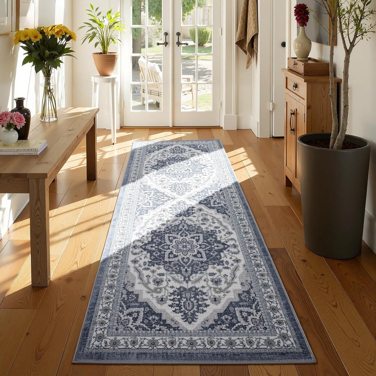UKISS Washable Runner Rug ，2X6 Non-Slip Soft Boho Vintage Hallway Runner Rugs， Low Pile Silk Wool Long Carpet Runner Rug for Entryway Bedroom, Kitchen, Laundry, Bathroom.
