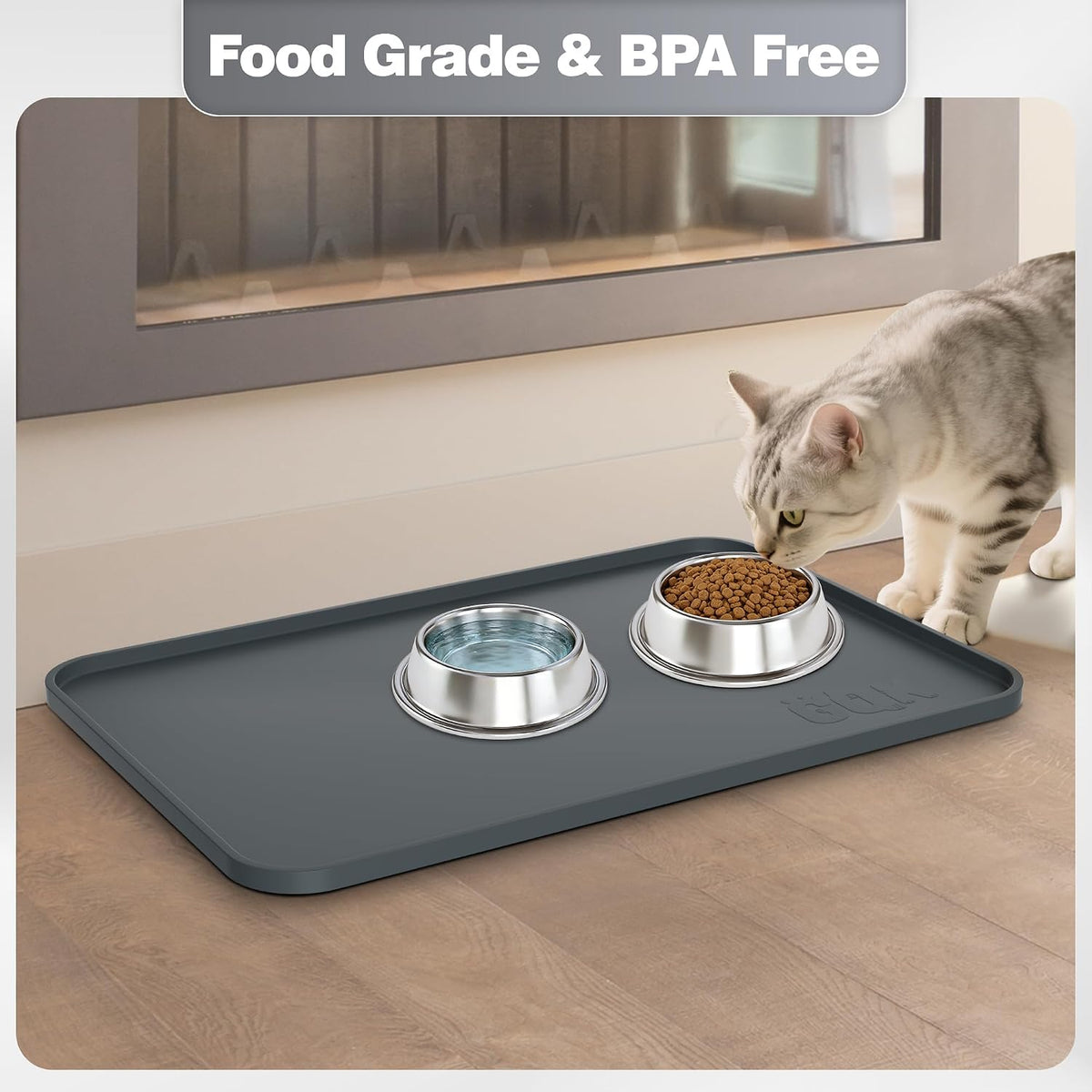 Silicone Dog Cat Food Mat Extra Thick Raised Edge, 18"X12" Gray
