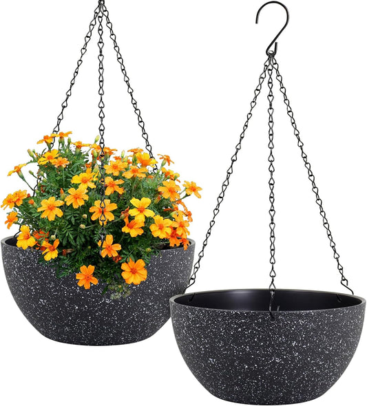 Meowell 12 Inch Large Hanging Planters for Indoor Outdoor Plants, 2 Pack Hanging Flower Pots with Drainage Holes and Chain for Garden Porch, Plastic Hanging Baskets for House Plants, Speckled Black
