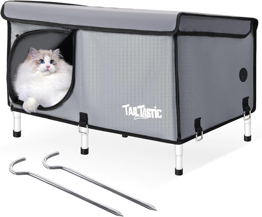 Outdoor Cat House Elevated,Insulated Feral Cat House Outdoor for Winter,Waterproof Cat Bed with Cozy Cushion(Grey, Large)
