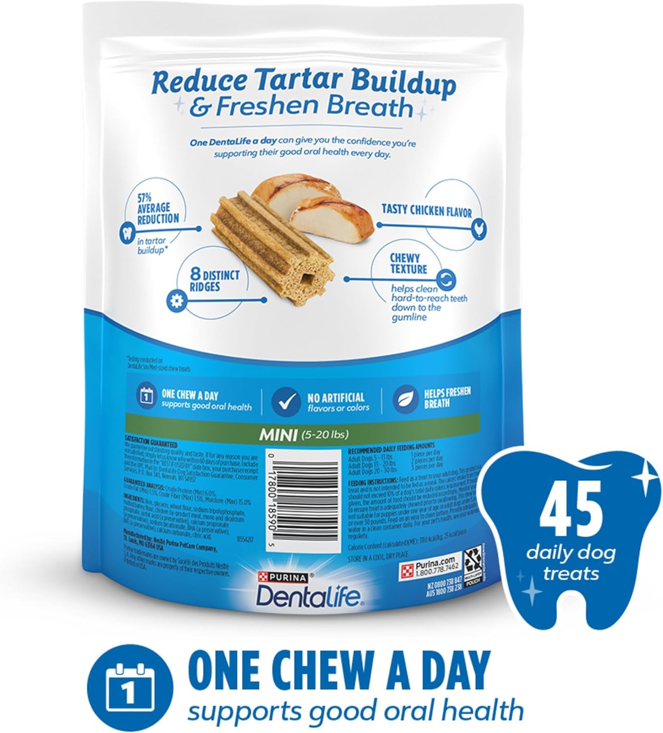 Dentalife Daily Oral Care Dog Treats for Small Dogs 5-20 Lbs., Chewy Dental Treat to Freshen Breath and Fight Tartar, Chicken Flavor, 14.7 Oz. Each, 45 Chews Each/90 Total Chews - 45 Ct. Pouch