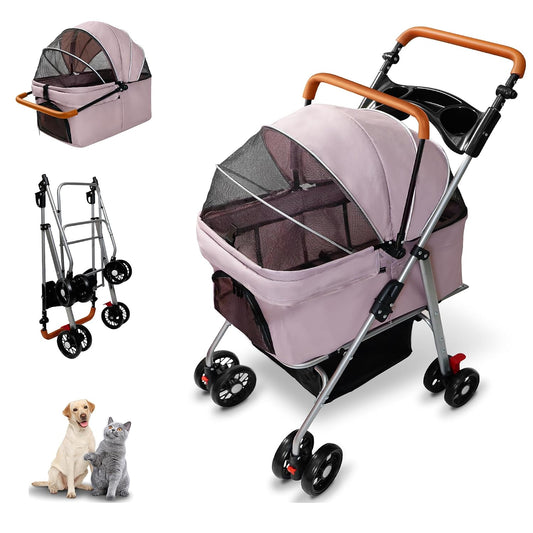 Pet Stroller with Storage Basket and Cup Holder, Folding Dog Jogger, Foldable Cat Stroller, 3 in 1 Puppy Kitten Cart, Pet Jogger for Medium Dog Cat (Pink)