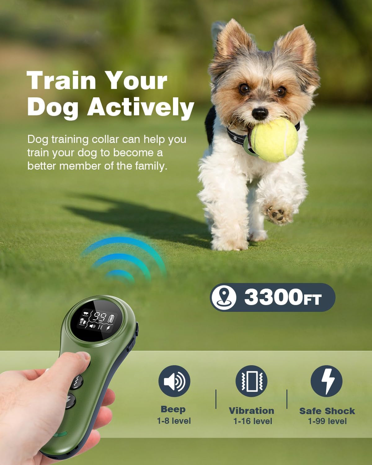 2-In-1 Dog Shock Collar & Dog Bark Collar - Smart anti Barking Dog Training Collar with 5 Adjustable Sensitivity & 3300FT Remote for All Breeds IP67 Waterproof Rechargeable E-Collar (Green)