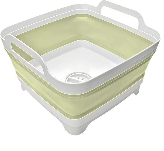 Collapsible Wash Basin 9L, Foldable Dish Tub with Drain Plug, Portable Collapsible Dish Basin, Camping Sink for Washing Dishes, Laundry & Kitchen Use (Green)