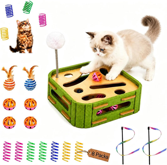5-In-1 Cat Puzzle Box Toy for Indoor Cats Boredom Relief Interactive Wooden Cat Enrichment Maze with Balls, Feather Wands & Spiral Springs, Slow Feeder Treat Dispenser for Kittens & Adult Cats