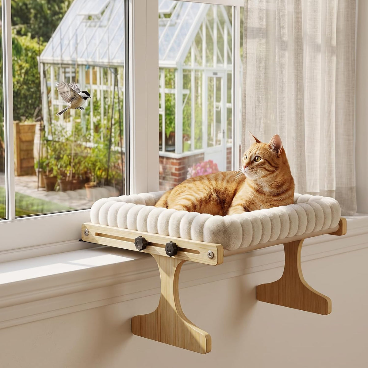 Cat Perch for Window Xiaz Cats Hammock Indoor for Small Medium Sized Cat Window Bed Adjustable Wooden Frame W/Soft Cushion Perfect for Bird Watching Sunbathing Space-Saving Easy Install Single Layer