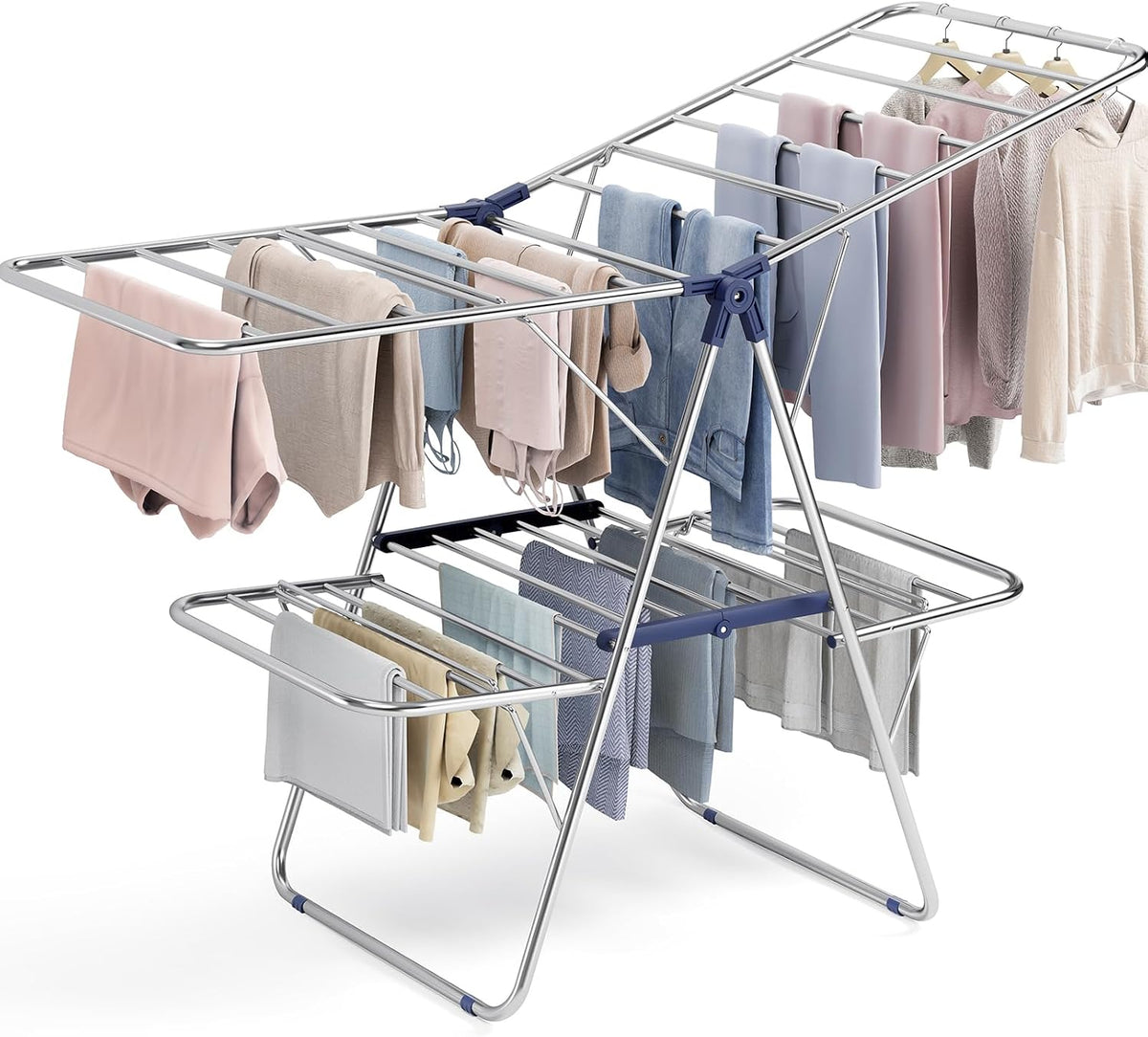 APEXCHASER Clothes Drying Rack, Foldable 2-Level Drying Rack Clothing, Stainless Steel Free-Standing Laundry Airer, with Height-Adjustable 4 Wings, Matte Blue