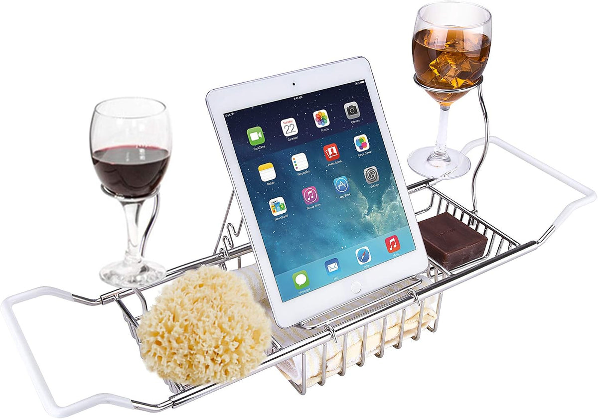Ipegtop Stainless Steel Bathtub Caddy Tray - over Bath Tub Racks Shower Organizer with Extending Sides, Removable Wine Glass Book Holder