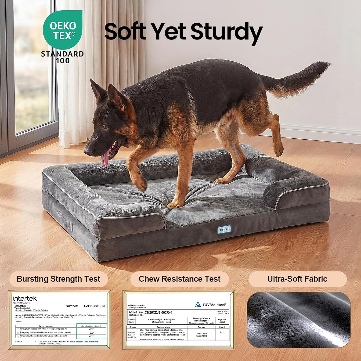 Ohgeni Orthopedic Dog Bed Couch Big Cat Sofa for Extra Large Sized Pets with Memory Foam, Machine-Washable Waterproof Removable Cover, Soft Comfortable Fabric, 44-Inch (Gray)