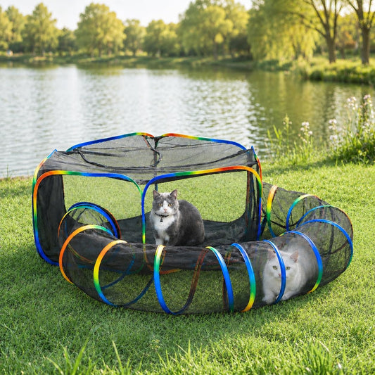 Portable Cat Enclosure with Tent & Tunnel, Rainbow Color