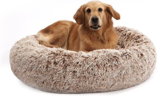 Bedfolks Calming Fluffy Donut Dog Bed for Large Dogs,Brown, 36" Round