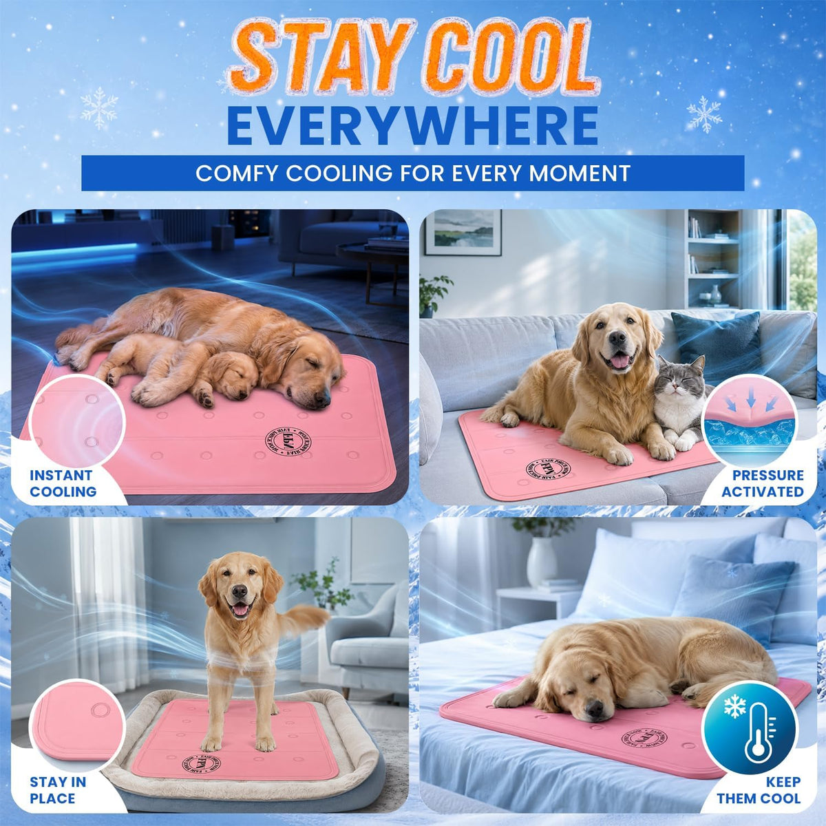 Pet Cooling Mat for Dogs and Cats, Pressure Activated Self Cooling Pad 17.5" X 17.5"