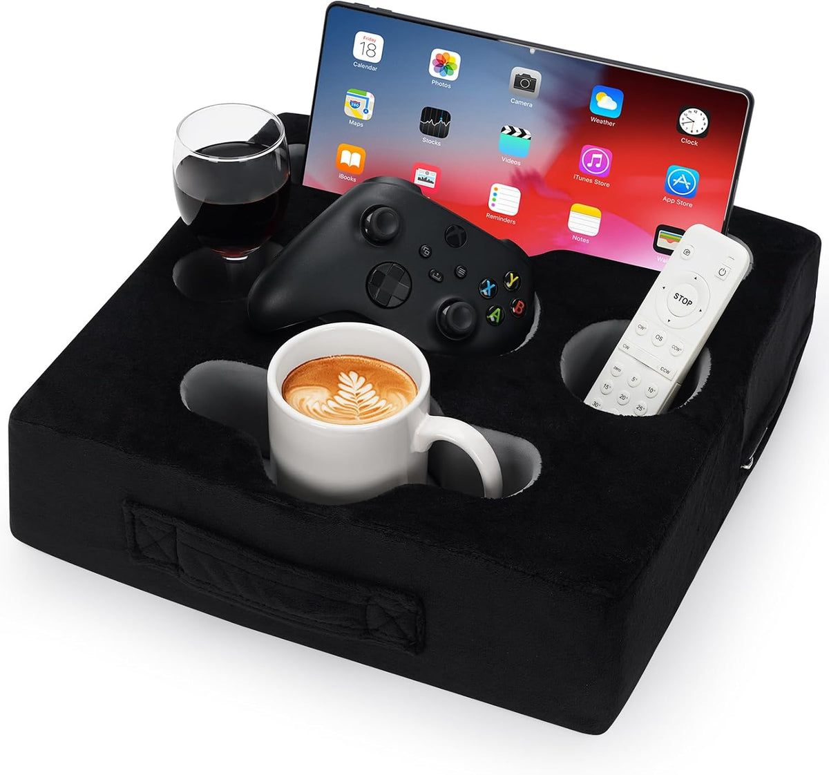 Couch Cup Holder Pillow Tray - Sofa Drink Cup Holder Cozy Buddy | Bed Caddy Organizer for Remote, Snacks Beverage, Phones, Tablet | Use It on Car, Pack, Beach, RV, Boat, Bedroom (Black)