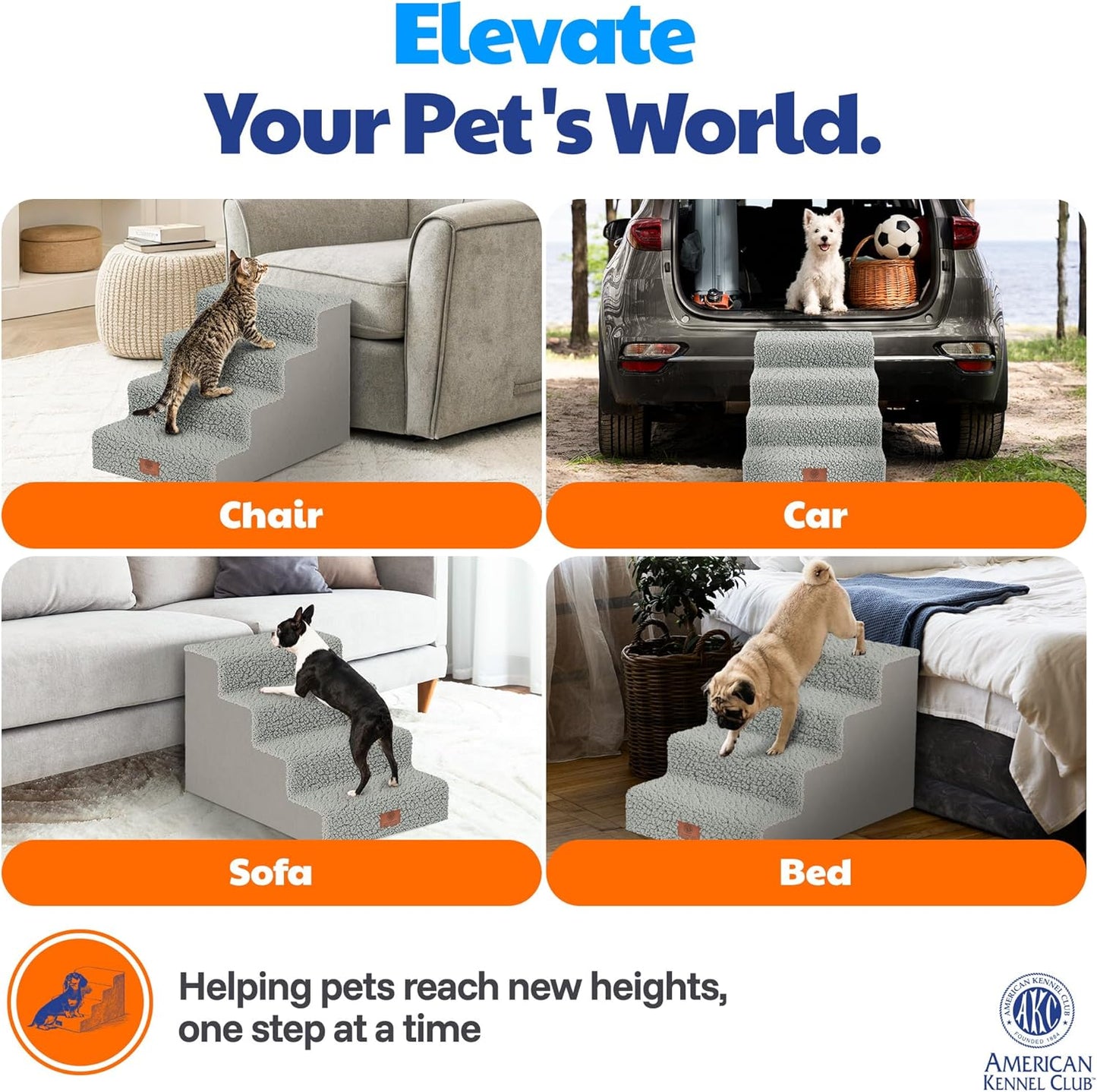 AKC 4-Step Pet Stairs – Durable, Non-Slip Steps for Small Dogs and Cats, Washable Cover, Simple No-Tool Assembly, Supports up to 50 Lbs
