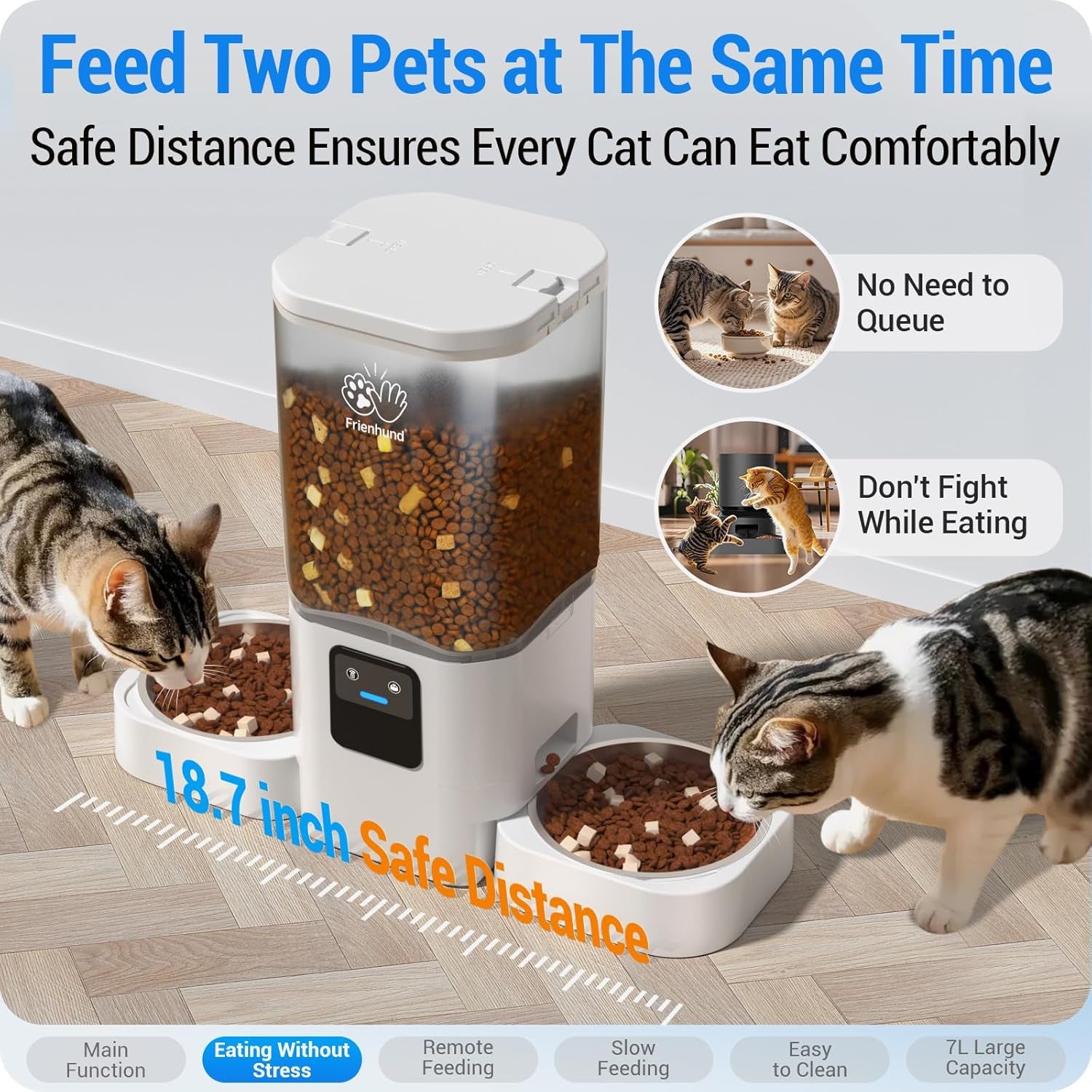 Frienhund Automatic Cat Feeder 2 Cats with Slow Feed: Dual Automatic Dog Feeder with 5G Wifi, Cat Food Dispenser with APP Control for Multiple Pets, Detachable for Easy Clean, Double Pet Bowl - 29 Cup