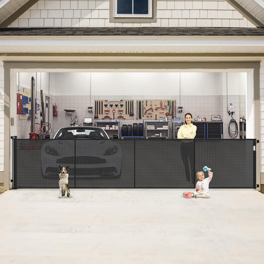 Reinforced 200 Inch Extra Wide Retractable Baby Gates to Prevent Crawling Through, Indoor/Outdoor Baby Gates for Decks, 16 Ft Mesh Retractable Fence/Barrier/Blocker/Screen Gate for Garage, Black