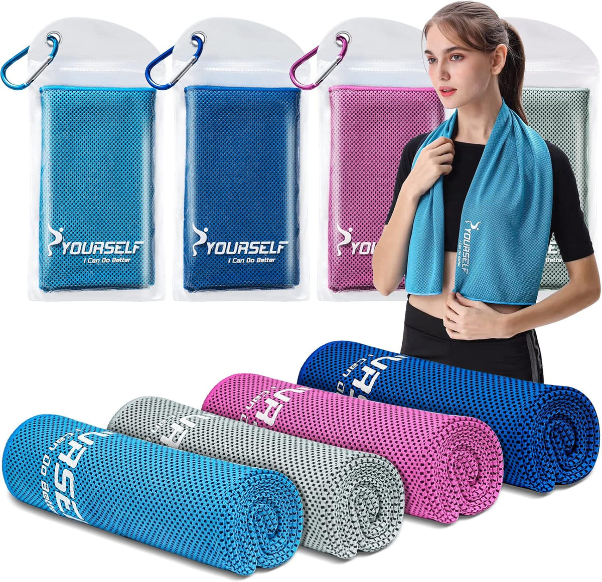SYOURSELF Cooling Towels for Neck and Face, 4 Pack 40" X 12" Cooling Towel for Hot Weather, Soft Breathable Instant Cool Chilly Pad for Sports Golf Yoga Gym Athletes Camping Ice Towels