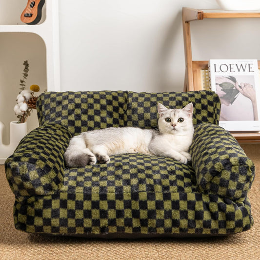 Faux Fur Cat & Dog Sofa Cat Couch Mini Cat Bed Indoor Human Style Pet Sofa, Modern Pet Furniture for Cats, Washable ＆ Removable Cover, for Cats and Small Medium Dogs (Black/Green, Medium(24X19 Inch))