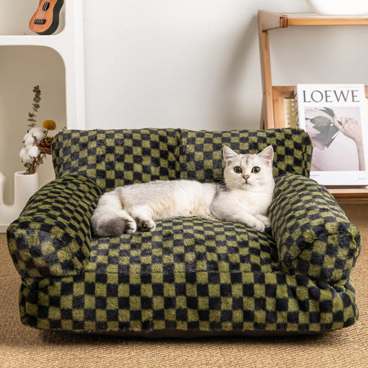 Faux Fur Cat & Dog Sofa Cat Couch Mini Cat Bed Indoor Human Style Pet Sofa, Modern Pet Furniture for Cats, Washable ＆ Removable Cover, for Cats and Small Medium Dogs (Black/Green, Medium(24X19 Inch))