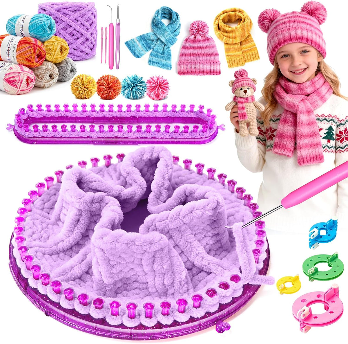 Knitting Loom Kit with Storage Bag,Looms,Yarn, Pom Pom Maker & Crochet Hook