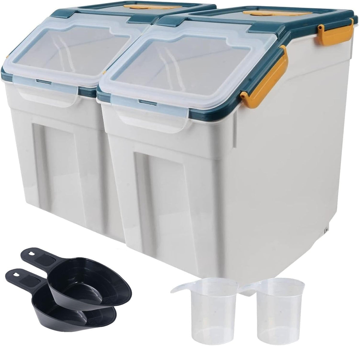 50Lb Flour Storage Container with Lid, 2 Pack Large Airtight Rice Storage Container with Wheels, Measuring Cup, Scoop, for Sugar Grain Cereal, Rice Dispenser, Pantry Organization (Dark Blue)