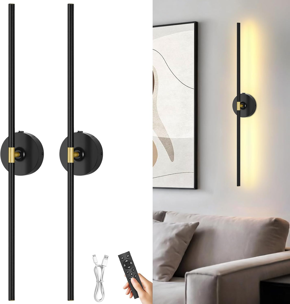 Wall Sconces Battery Operated Set of 2, 10000Mah Rechargeable Wall Lights
