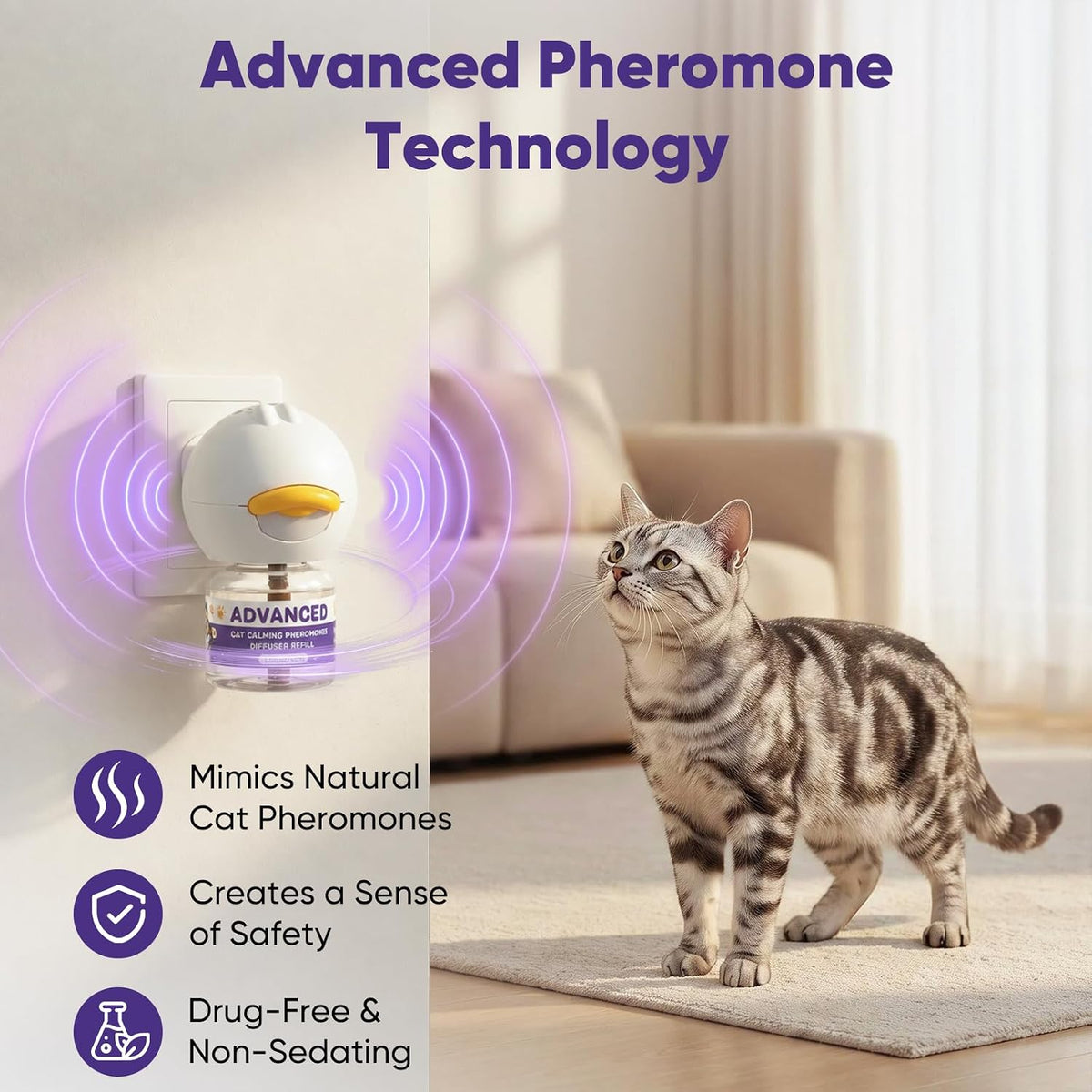 Cat Calming Diffuser with Advanced Pheromone Technology, 120 Days Plug in Diffuser for Multi Cat Home, Reduce Stress, Urine Spraying, Scratching, Hiding, Support Calm Behavior, 2 Diffusers, 4 Refills