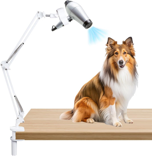 Dog Hair Dryer Holder,Blow Dryer Stand for Dog,Hands-Free 360° Rotating Pet Grooming Table Blow Dryer Stand with Adjustable Arm,Dog Tabletop Hair Dryer（White）